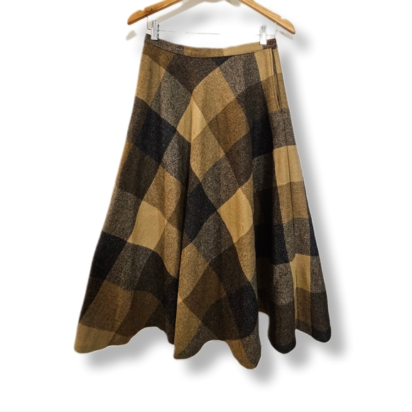 VTG | Bianca Tan Wool Plaid Circle Skirt - Small-Medium - Picture 1 of 5